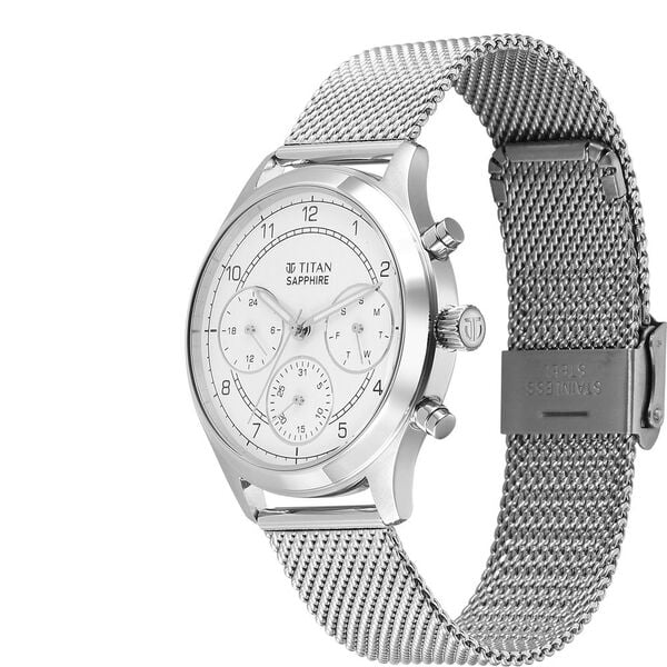 Titan Sapphire Men's Multifunction Watch Analog White Dial with Silver Mesh Band, 1874SM01