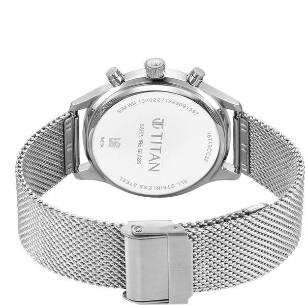Titan Sapphire Men's Multifunction Watch Analog White Dial with Silver Mesh Band, 1874SM01