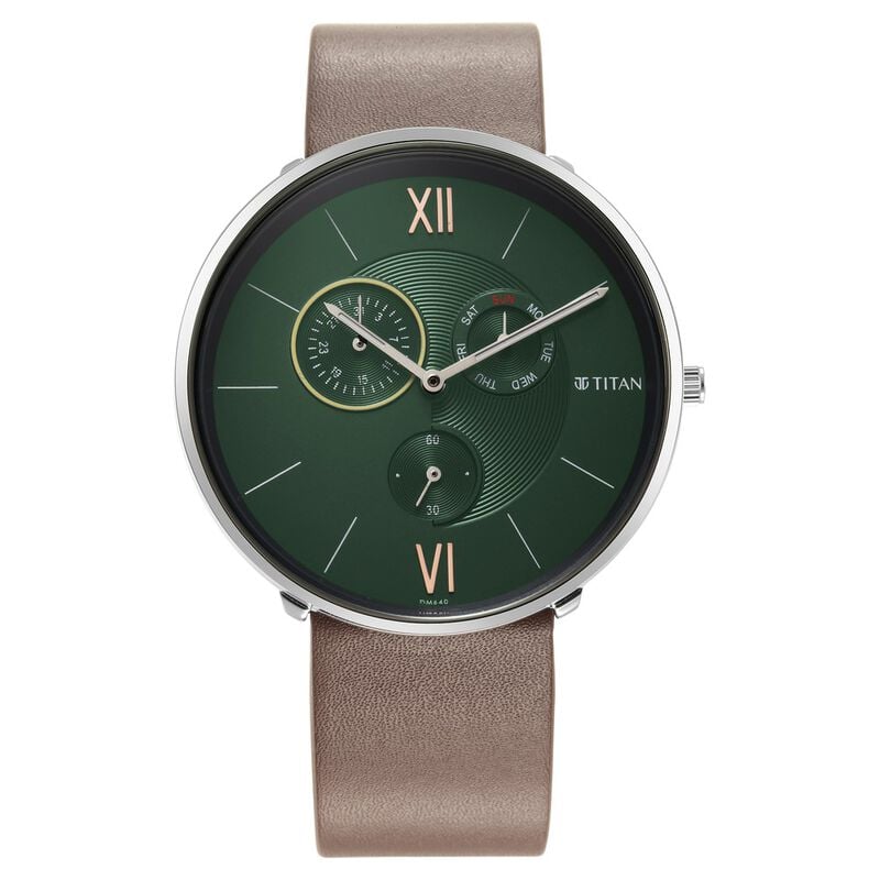 Titan Slim Men's Multifunction Watch Green Dial With Brown Leather Strap, 1877SL01