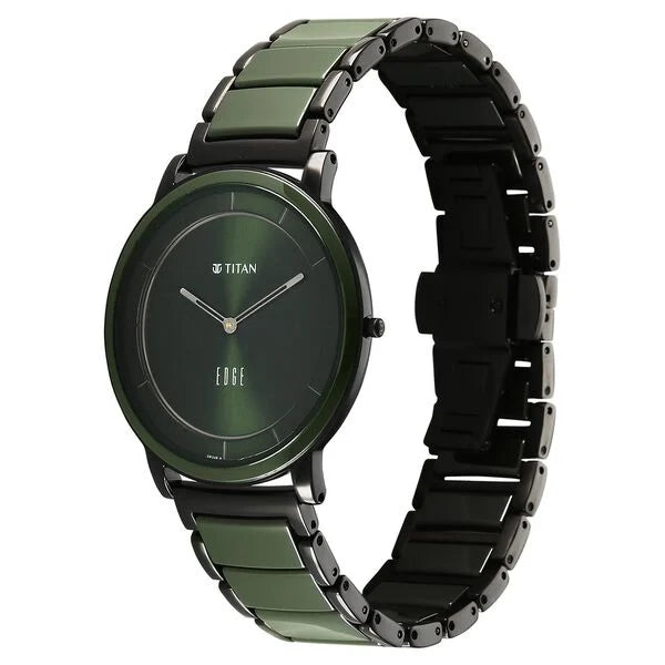 Titan  Edge Men's Analog Watch Green Dial With Slim Steel & Ceramic Strap ,1878KD05