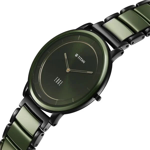 Titan  Edge Men's Analog Watch Green Dial With Slim Steel & Ceramic Strap ,1878KD05