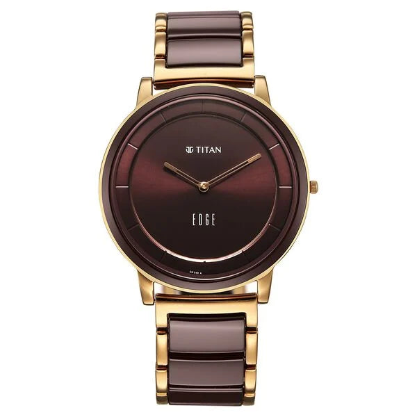 Titan  Edge Men's Analog  Watch Brown Dial With Gold and brown Slim Steel & Ceramic Strap ,1878KD08