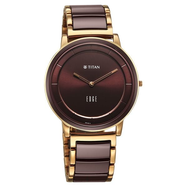 Titan  Edge Men's Analog  Watch Brown Dial With Gold and brown Slim Steel & Ceramic Strap ,1878KD08