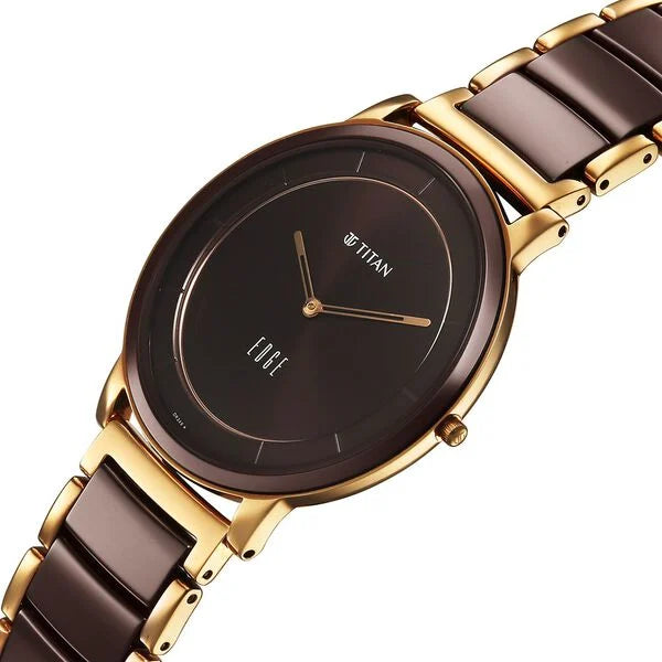 Titan  Edge Men's Analog  Watch Brown Dial With Gold and brown Slim Steel & Ceramic Strap ,1878KD08