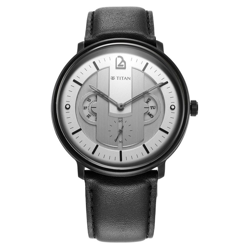 Titan Men's Multifunction Watch Analog Silver Dial With Black Leather Strap, 1882NL01