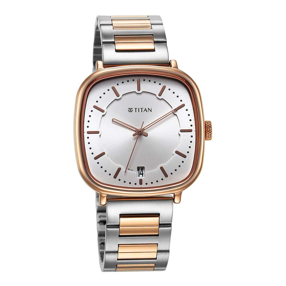 Titan Shaped Case Men's Watch Analog Silver Dial with Two-Toned Stainless Steel Band, 1885KM01
