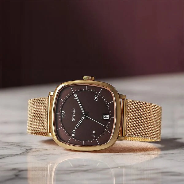Titan Neo Curve Men's Quartz Analog Watch Brown Dial  with Gold Stainless Steel Strap, 1885WM01