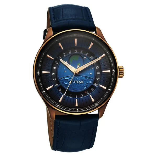 Titan Stellar Analog Men's Watch with Earth Disc and Blue Dial with Blue Leather Strap, 1890QL01