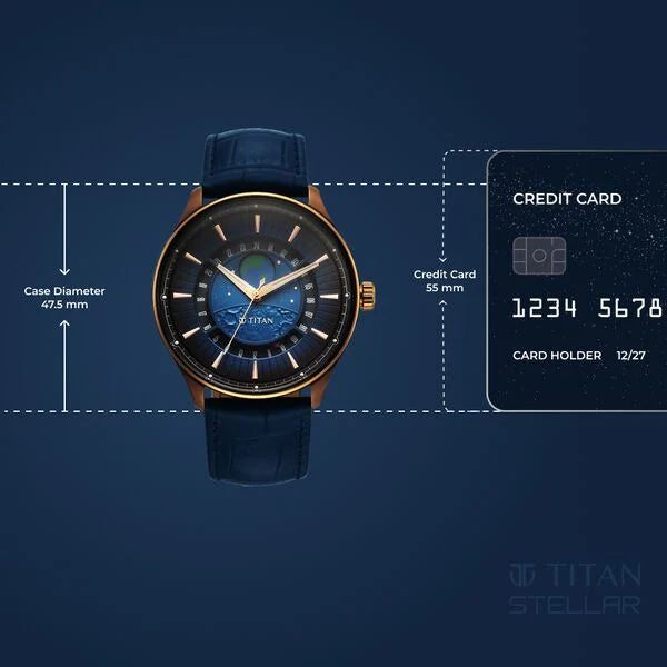 Titan Stellar Analog Men's Watch with Earth Disc and Blue Dial with Blue Leather Strap, 1890QL01