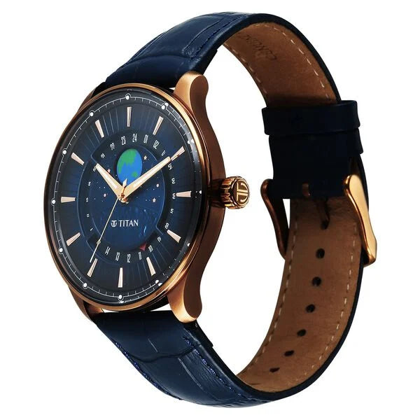 Titan Stellar Analog Men's Watch with Earth Disc and Blue Dial with Blue Leather Strap, 1890QL01