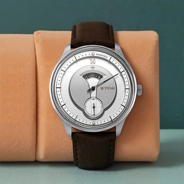 Titan Quartet Men's Watch Analog Silver Dial With Brown Leather Strap, 1890SL01