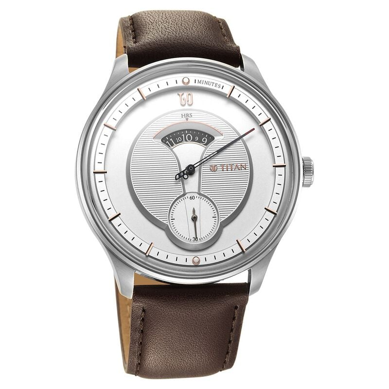 Titan Quartet Men's Watch Analog Silver Dial With Brown Leather Strap, 1890SL01