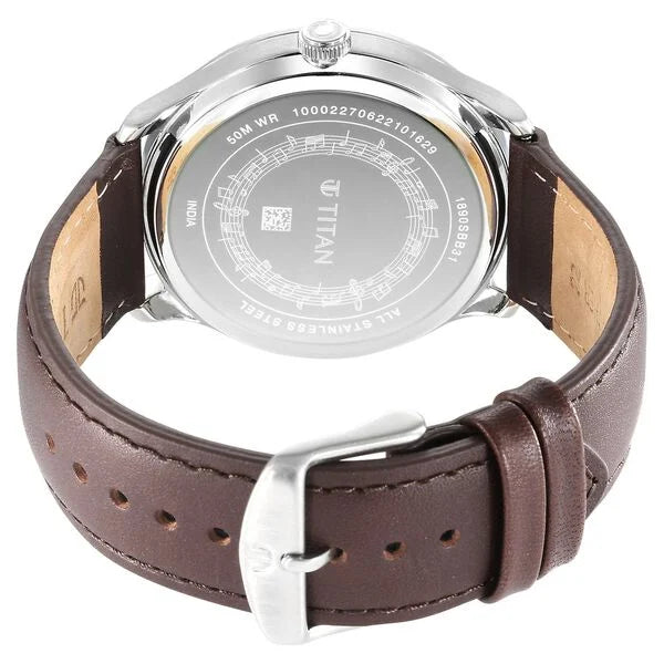 Titan Quartet Men's Watch Analog Silver Dial With Brown Leather Strap, 1890SL01
