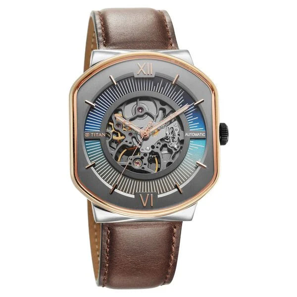 Titan Techno Beats Men's Automatic Watch Analog Anthracite Dial With Brown Leather Strap, 1893KL01