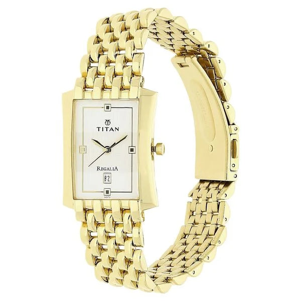 Titan Men's Watch Analog White Dial with Gold Stainless Steel Band, 1927YM04