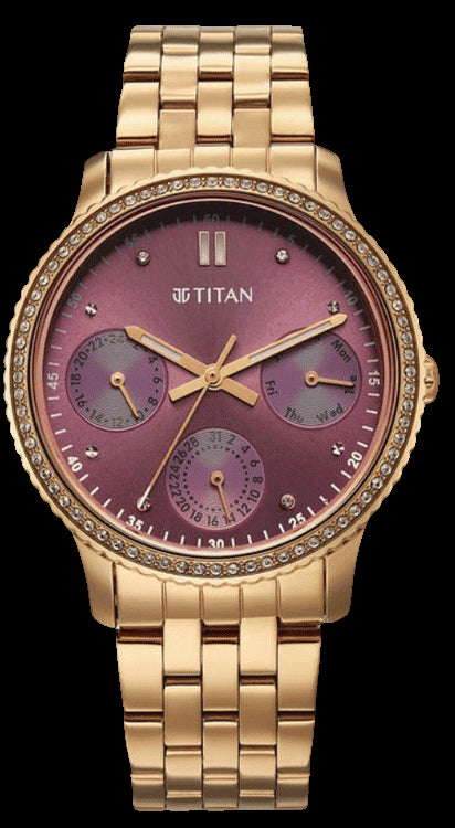 Titan Analog Women's Watch With Purple Dial and Rose Gold Stainless Steel Strap, 2765WM01