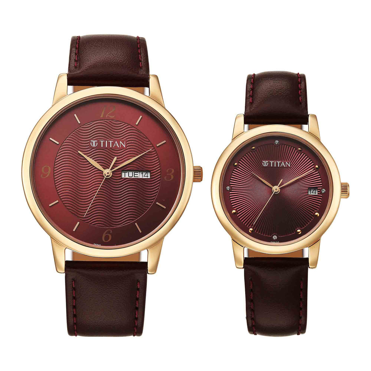 Titan Bandhan Quartz Watch With Maroon Dial And Maroon Leather Strap Couple Pair Watch, 19672967WL01