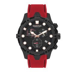 Quantum Men's Chronograph Watch Analog Black Dial with Red Silicone Band, HNG1019.068