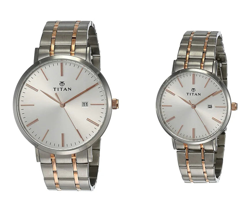 Titan Couple's Watch Classique Collection Analog, White Dial Silver & Gold Stainless Strap, 94002KM01P