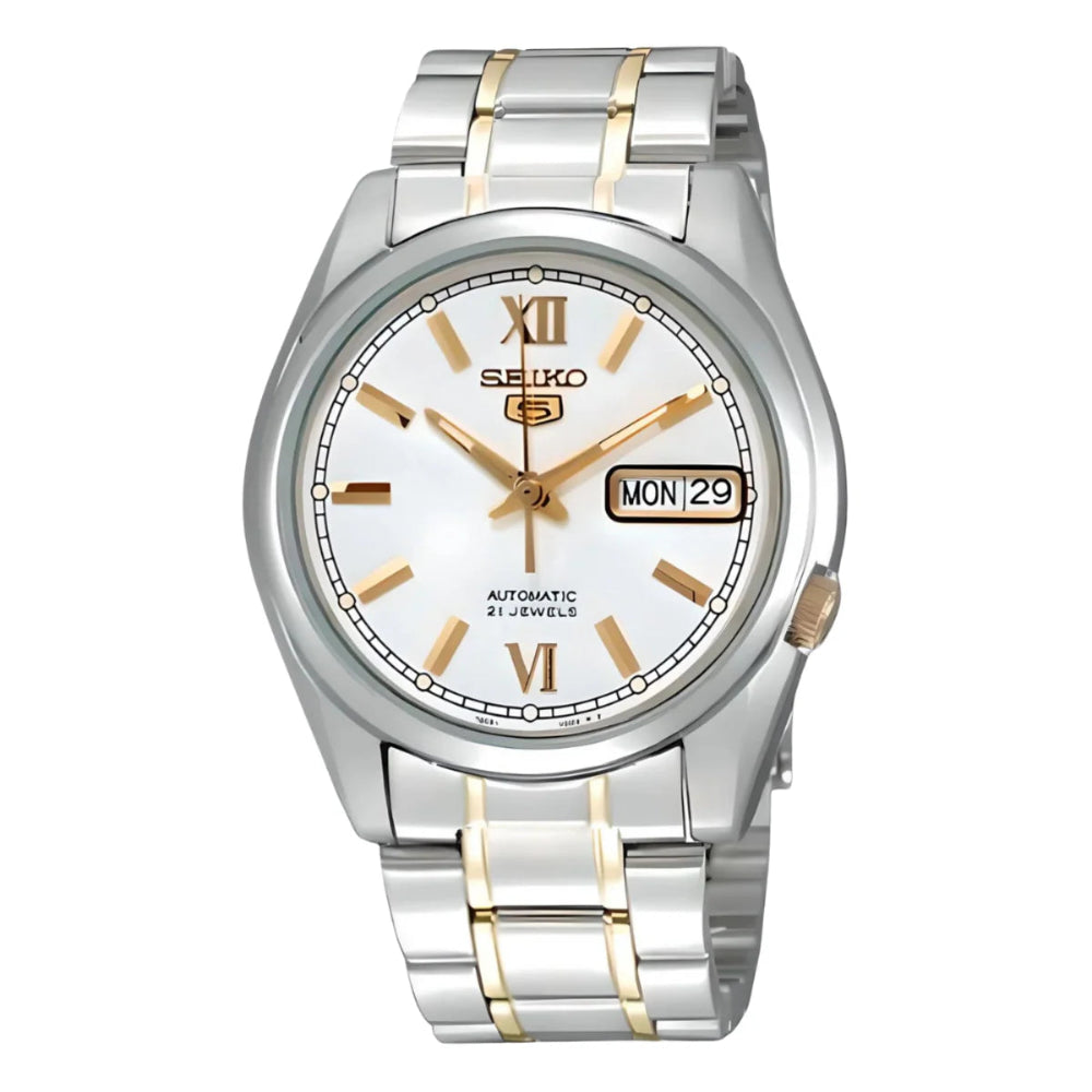 Seiko Men's Mechanical Watch Analog, White Dial with Two Tone Stainless Band, SNKL57K