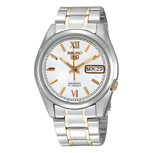 Seiko Men's Mechanical Watch Analog, White Dial with Two Tone Stainless Band, SNKL57K