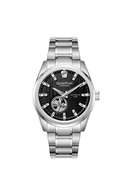 Quantum Men's Automatic Watch Black Dial Silver Metal Band, QMG1192.350