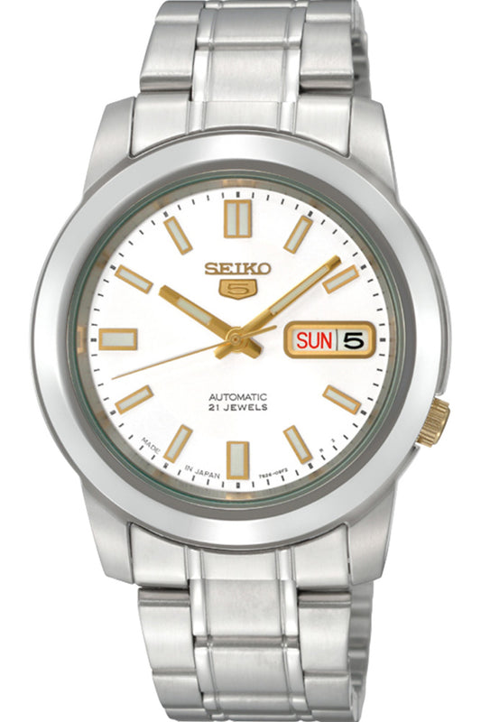 Seiko Men's Mechanical Watch Analog, White Dial with Silver Stainless Band, SNKK07K authentic Seiko watch with original box and warranty papers