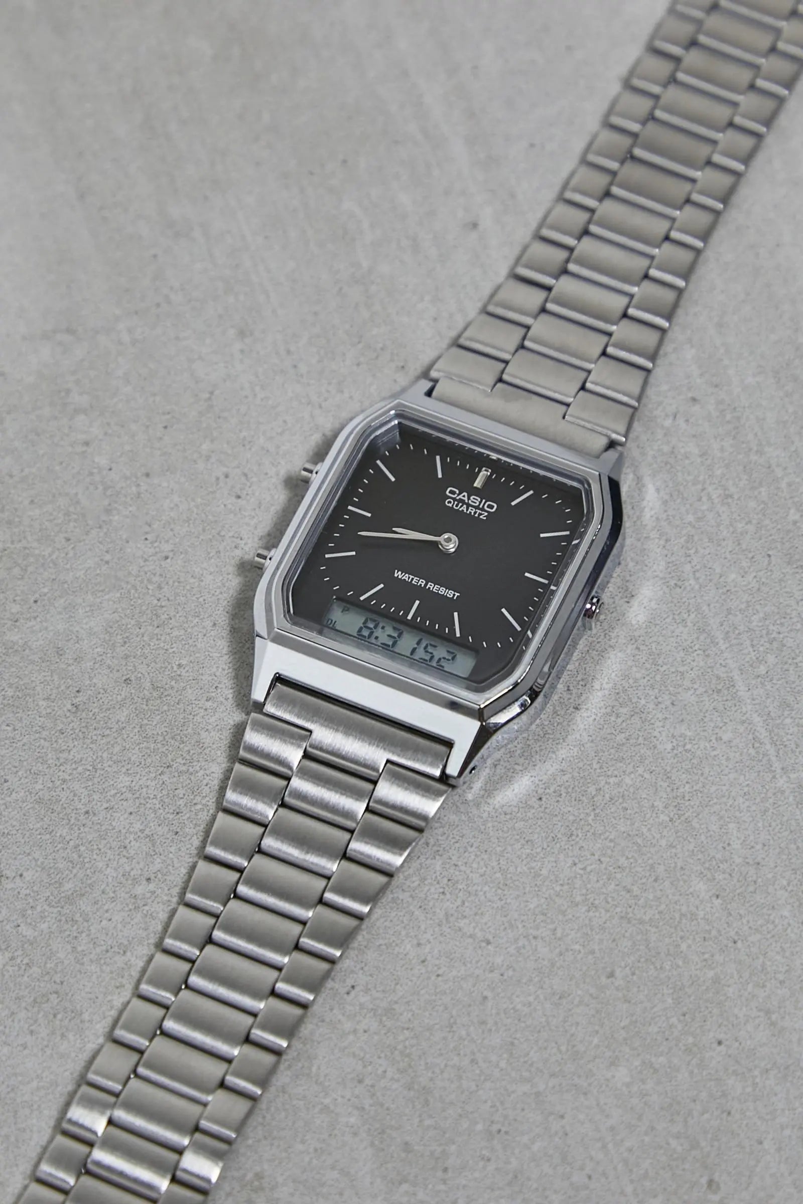 Casio Vintage Unisex Watch Analog-Digital Black Dial With Silver Stainless Steel Band, AQ-230A-1DMQD product image
