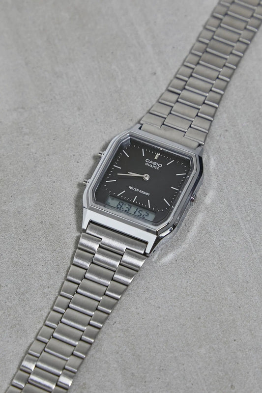 Casio Vintage Unisex Watch Analog-Digital Black Dial With Silver Stainless Steel Band, AQ-230A-1DMQD product image