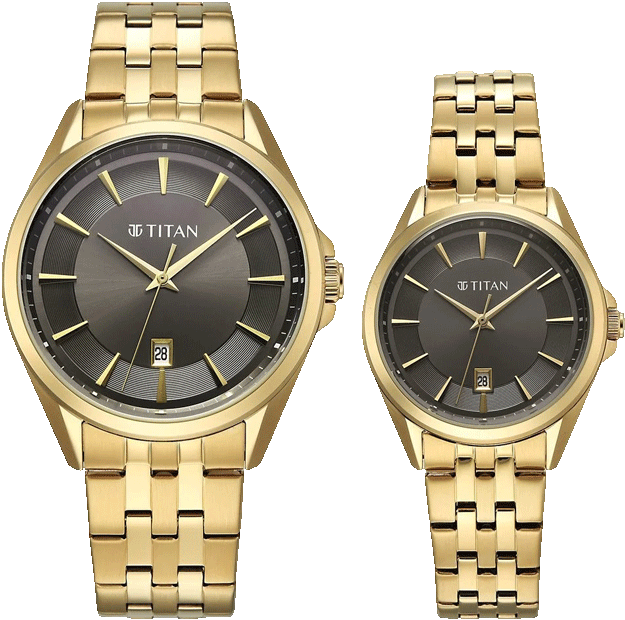 Titan Pair Unisex Quartz Analog Couple Watch Set, Brown Dial, Gold Stainless Steel Strap, TI-94015YM01P