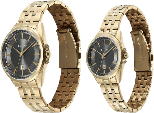Titan Pair Unisex Quartz Analog Couple Watch Set, Brown Dial, Gold Stainless Steel Strap, TI-94015YM01P
