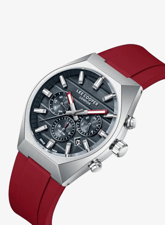 Lee Cooper Men's Multifunction Watch with Grey Dial and Red Silicone Band, LC08388.398
