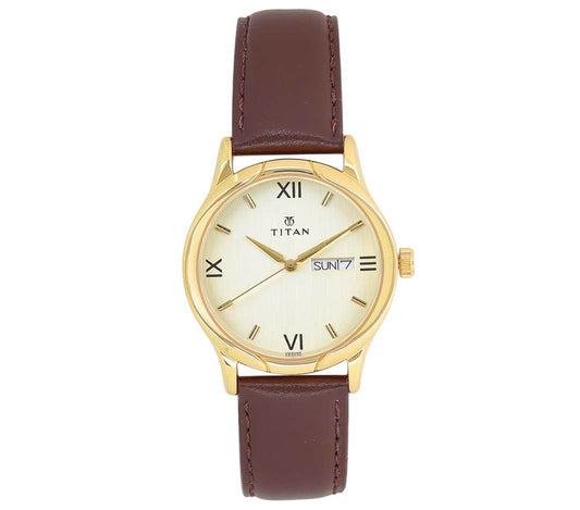 Titan, Men, Analog, Watch, Champagne Dial, Leather Strap, 1580YL05