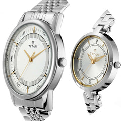 Titan Couple's Watch Classique Collection Analog, Silver & White Dial Silver Stainless Strap, 1773SM01P