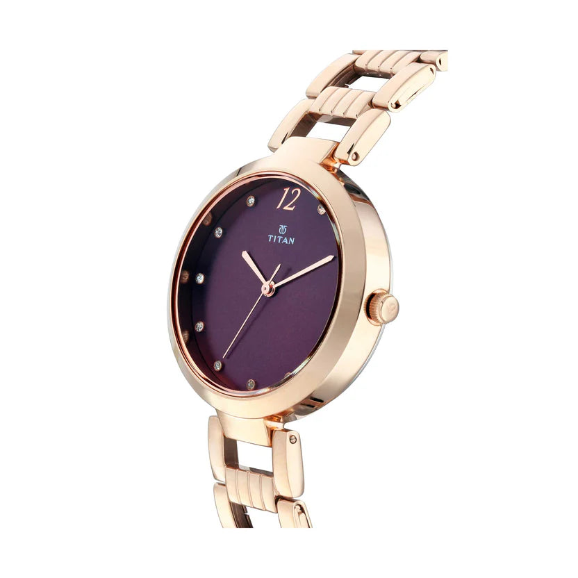 Titan Women's Watch Purple Dial Rose Gold Stainless Steel Strap Watch, 2480WM02