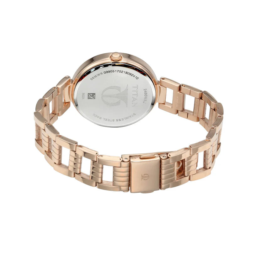 Titan Women's Watch Purple Dial Rose Gold Stainless Steel Strap Watch, 2480WM02