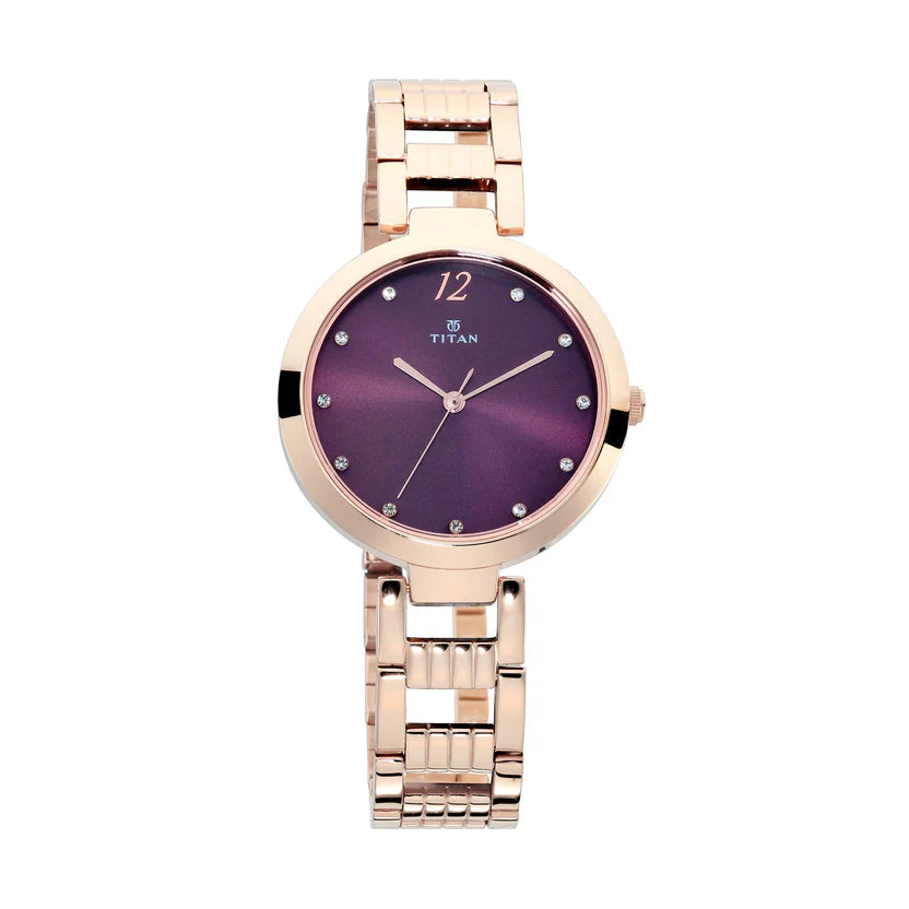 Titan Women's Watch Purple Dial Rose Gold Stainless Steel Strap Watch, 2480WM02