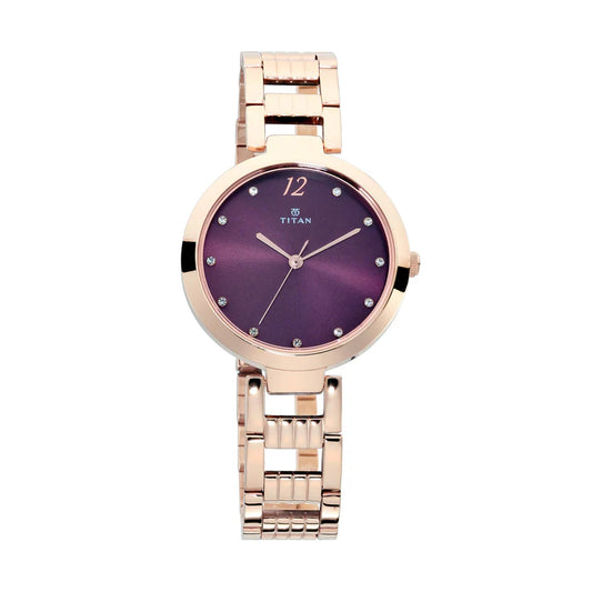 Titan Women's Watch Purple Dial Rose Gold Stainless Steel Strap Watch, 2480WM02