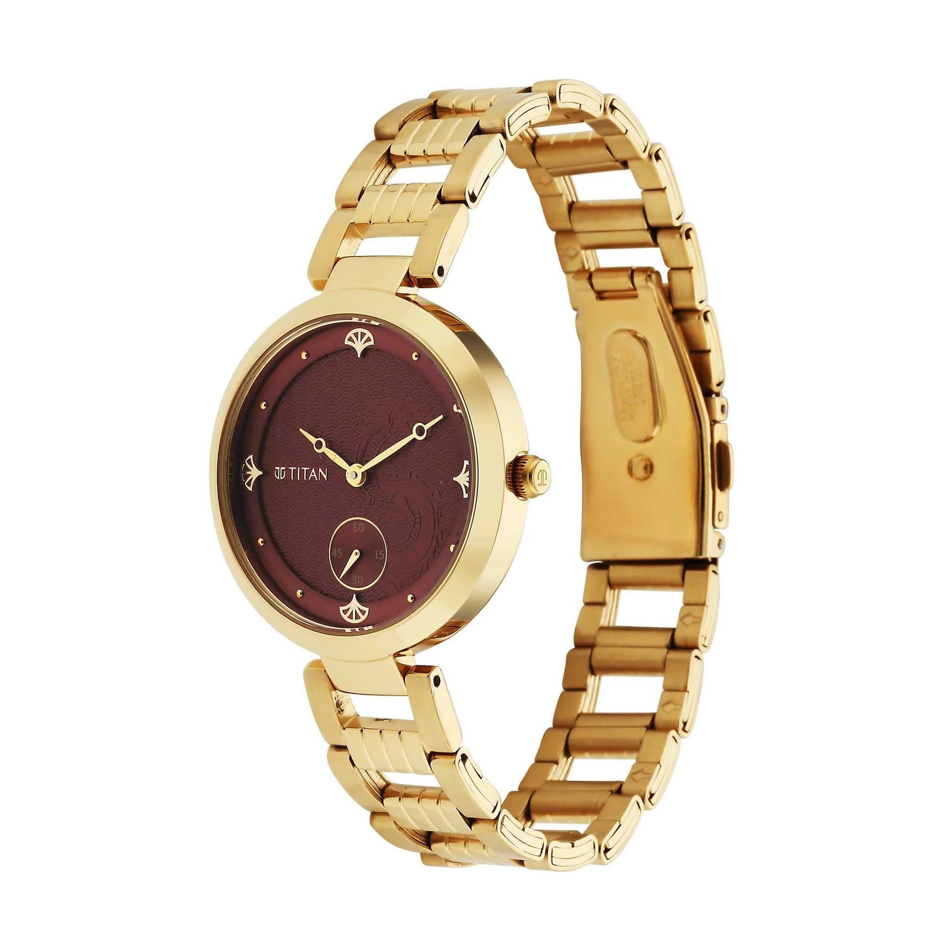 Titan Tet Men's Watch Analog Red Dial Gold Stainless Steel Band, 2480YM04