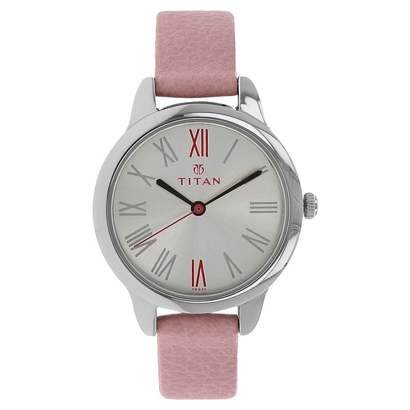 Titan Women's Watch Analog Silver Dial With Pink Leather Strap Band, 2481SL01