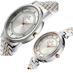 Titan Couple's Watch Classique Collection Analog, Silver & White Dial Silver Stainless Strap, 1773KM01P