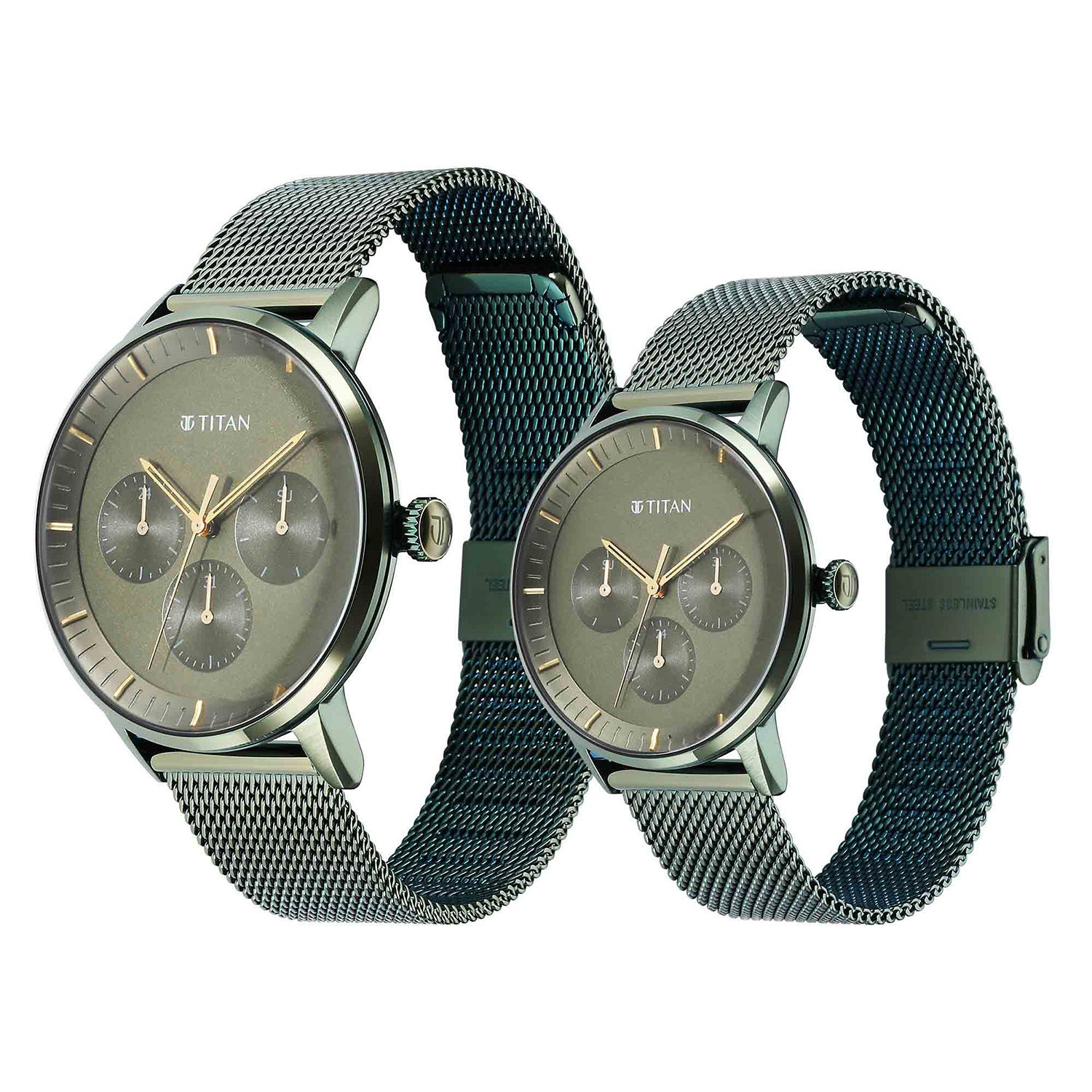 Titan Bandhan Multifunction Couple Watch Analog Green Dial with Green Mesh Band, 9400QM02P