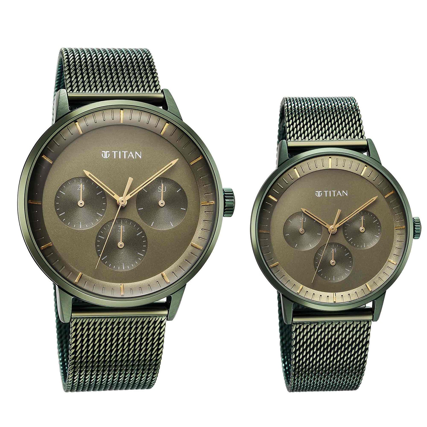 Titan Bandhan Multifunction Couple Watch Analog Green Dial with Green Mesh Band, 9400QM02P