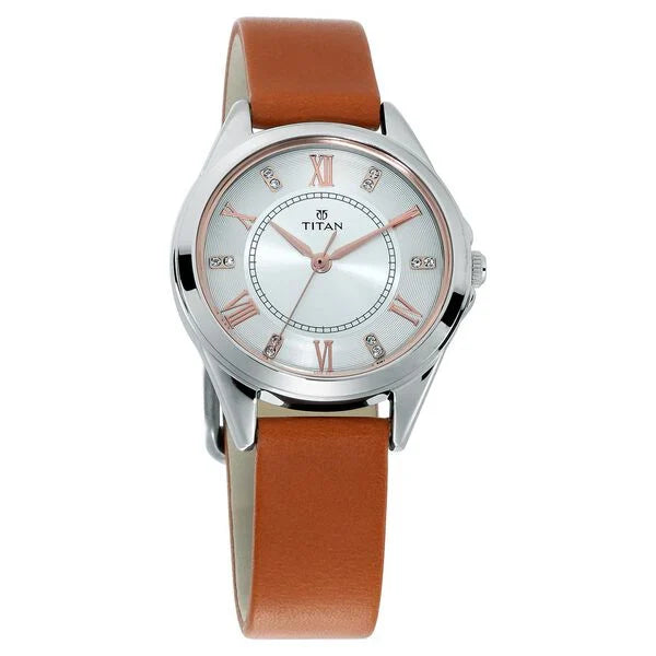 Titan Women's Watch Sparkle Collection Analog, Silver Dial Orange Leather Strap, 2565SL01