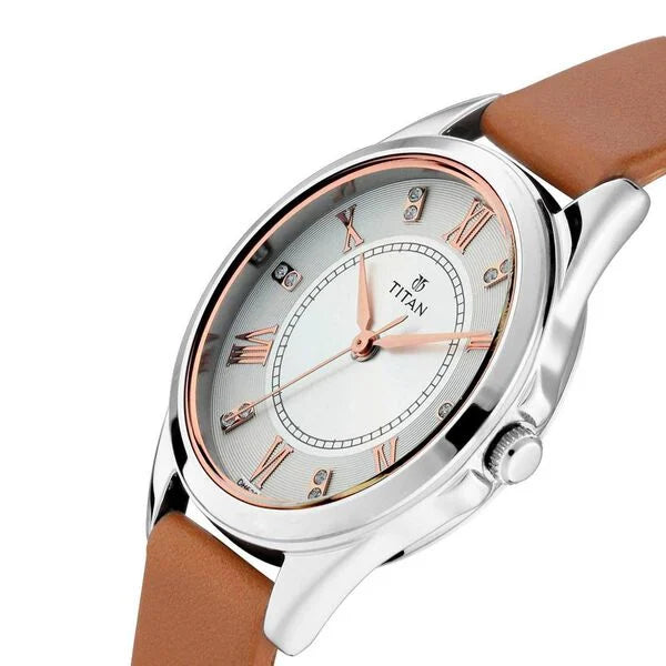 Titan Women's Watch Sparkle Collection Analog, Silver Dial Orange Leather Strap, 2565SL01