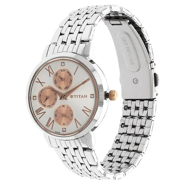 Titan Workwear Women's Watch Analog Rose Gold Dial With Silver Stainless Steel Band, 2569KM01