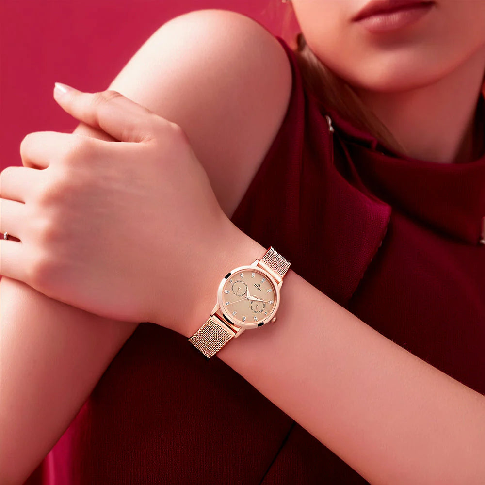 Titan Sparkle Women's Analog Watch Beige Dial With Rosegold Stainless Steel Mesh Band, 2569WM04