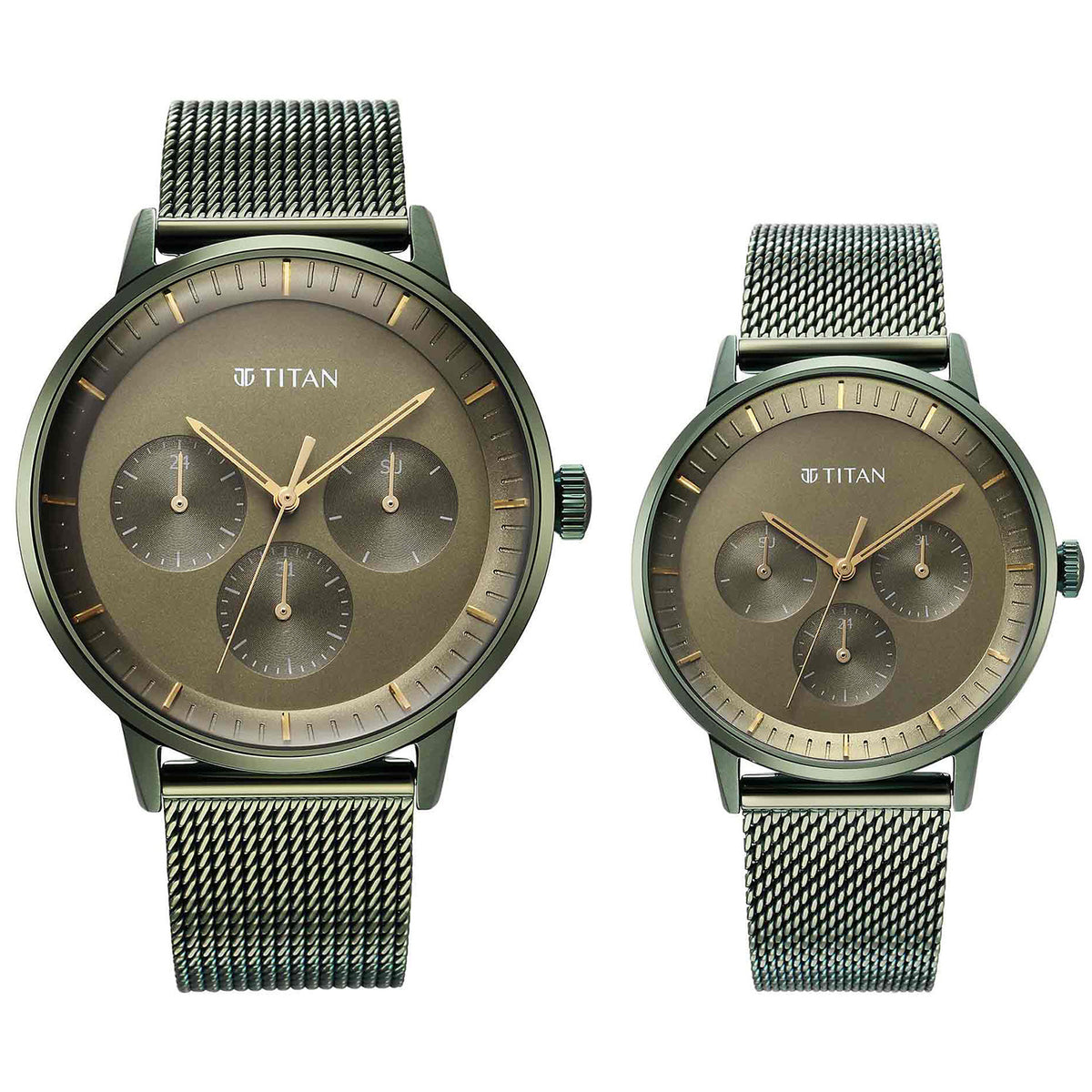 Titan Bandhan Multifunction Couple Watch Analog Green Dial with Green Mesh Band, 9400QM02P