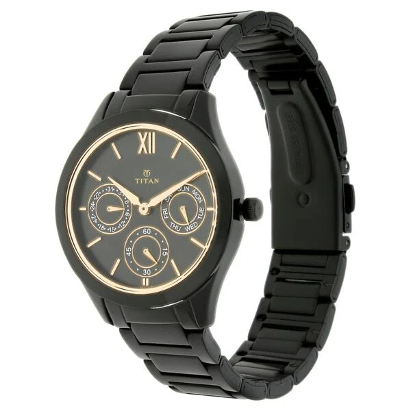 Titan Quartz  Women's Analog Watch Black Dial with Black Stainless Steel Strap, 2570NM01