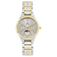 Titan Elegance Moonphase Women's Watch Analog Silver Dial with Two-toned Stainless Steel Band, 2590BM01